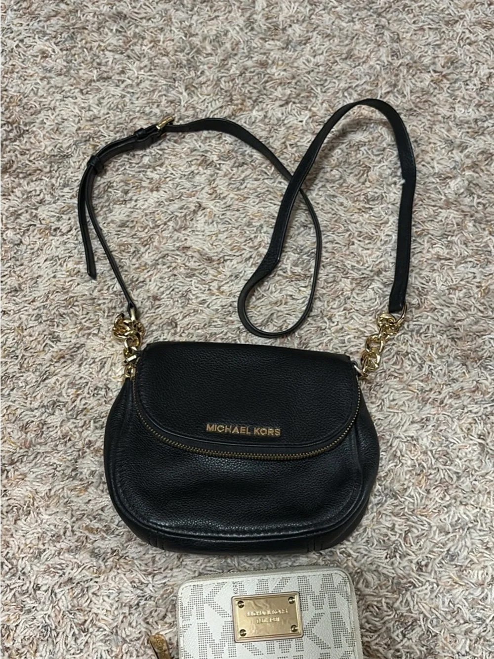 Michael Kors Black Pebbled Leather Saddle Crossbody with Gold Hardware w/ wallet